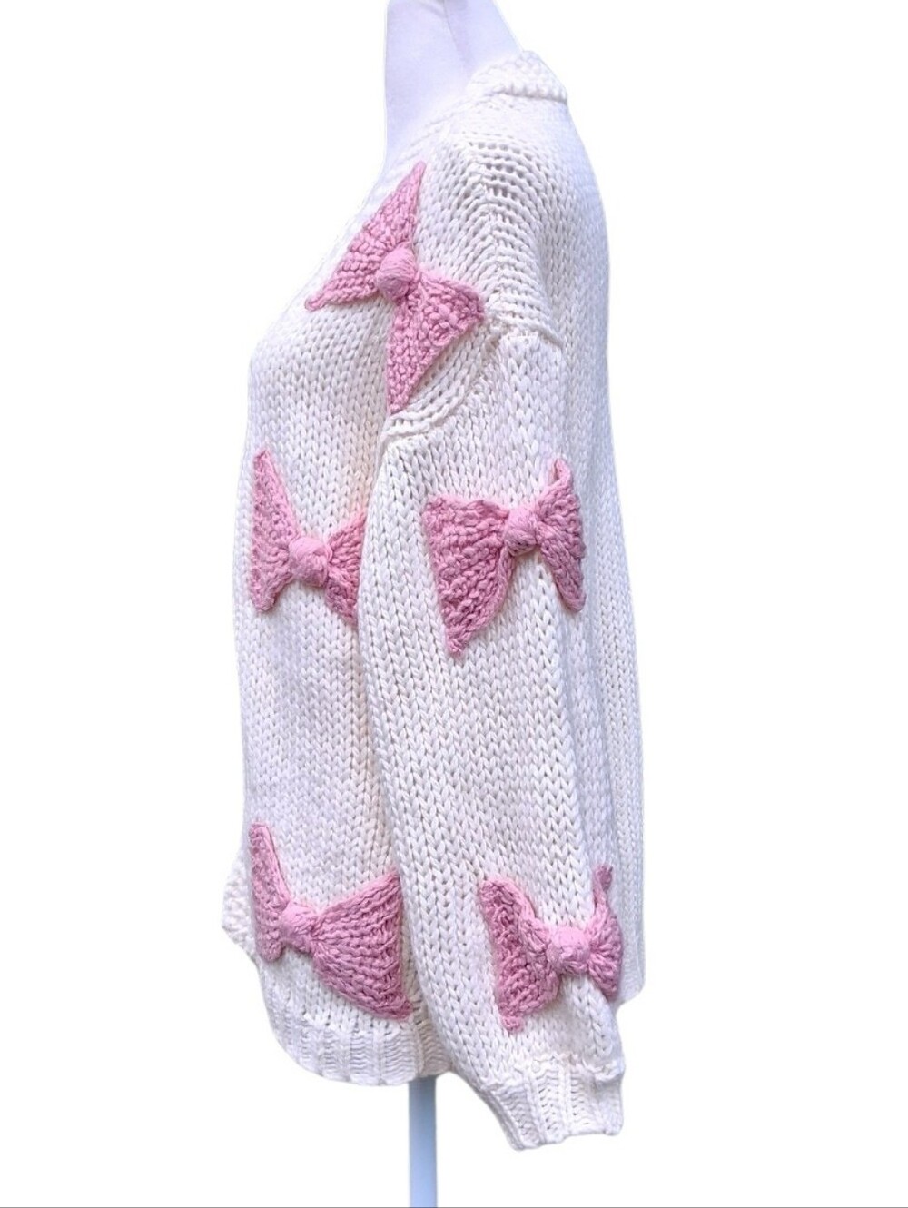 Altar'd State Victoria Bow Cardigan Cream Pink Knit Open Front Sweater Size XS - Picture 6 of 12